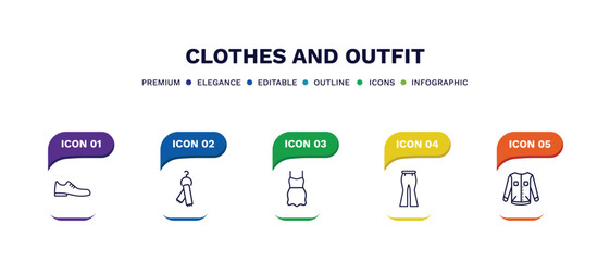 set of clothes and outfit thin line icons. clothes and outfit outline icons with infographic template. linear icons such as leather shoes, scarf on hanger, chiffon dress, flare pants, denim jacket
