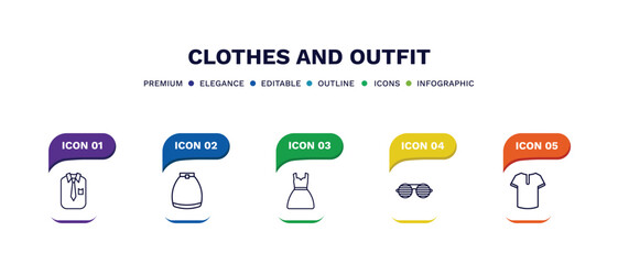set of clothes and outfit thin line icons. clothes and outfit outline icons with infographic template. linear icons such as collarless cotton shirt, circle skirt, drees, shutter sunglasses, henley