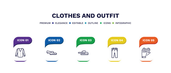set of clothes and outfit thin line icons. clothes and outfit outline icons with infographic template. linear icons such as cotton cardigan, loafer, sleepers, chi pants, leather gloves vector.