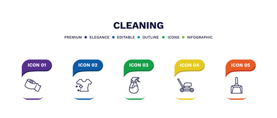 set of cleaning thin line icons. cleaning outline icons with infographic template. linear icons such as toilet paper cleanin, clean clothes, wiping sprayer, lawn mower, wiping dustpan vector.