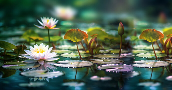 Beautiful Pink Lotus Flower With A Green Leaf In The Pond. A Pink Lotus Water Lily Blooming On The Water, Magical Spring,summer Dreamy Background