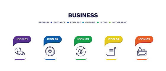 set of business thin line icons. business outline icons with infographic template. linear icons such as logistic, full circle, money convert, paper graphic, director desk vector.