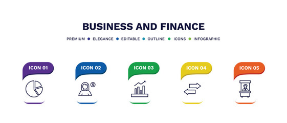 set of business and finance thin line icons. business and finance outline icons with infographic template. linear icons such as pie chart file, woman with money, marketing chart, two way arrows,