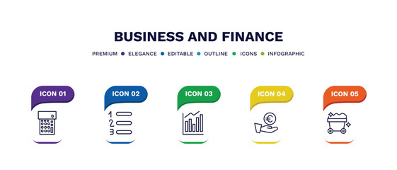 set of business and finance thin line icons. business and finance outline icons with infographic template. linear icons such as calculator maths tool, numbered information, measure success, euro