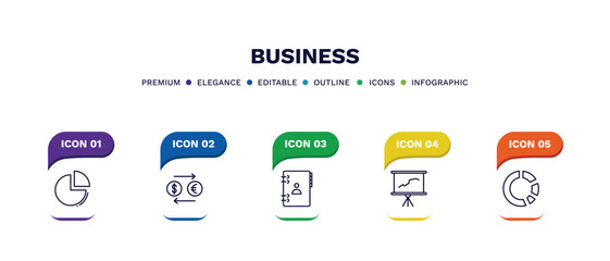 set of business thin line icons. business outline icons with infographic template. linear icons such as pie graphic, currency exchange, address book, graphic panel, pie chart statistics vector.
