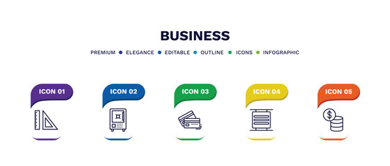 set of business thin line icons. business outline icons with infographic template. linear icons such as maths tool, big safe, bank card, basic burger, dollar coins stack vector.