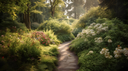 Fototapeta premium A tranquil garden path winding through a picturesque landscape of trees, flowers, and bushes