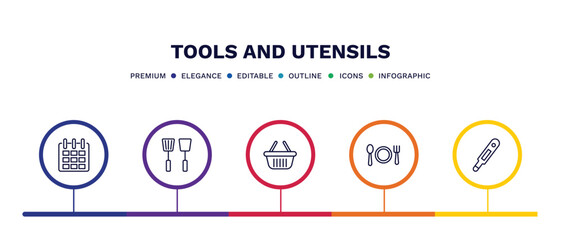 Fototapeta premium set of tools and utensils thin line icons. tools and utensils outline icons with infographic template. linear icons such as calendar page, kitchen tools, empty shopping basket, dining, body