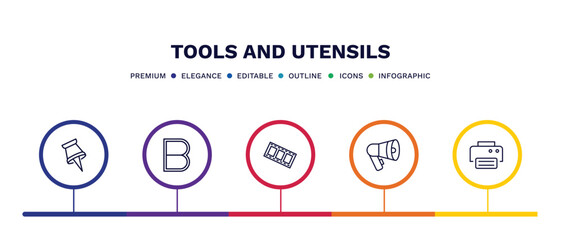 set of tools and utensils thin line icons. tools and utensils outline icons with infographic template. linear icons such as tack save button, bold, film strip photograms, megaphone side view, print