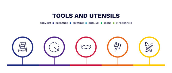 set of tools and utensils thin line icons. tools and utensils outline icons with infographic template. linear icons such as tray for papers, time left, moustaches, piston on, writing tool vector.