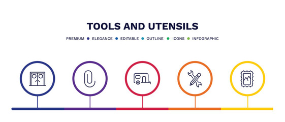 set of tools and utensils thin line icons. tools and utensils outline icons with infographic template. linear icons such as doors, attachments, house on wheels, edit tools, postage vector.