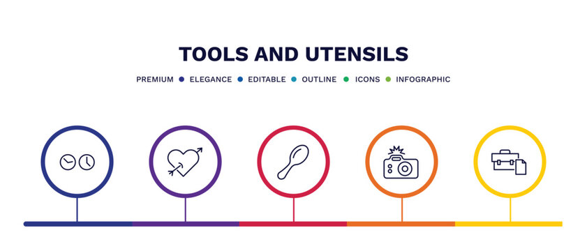 set of tools and utensils thin line icons. tools and utensils outline icons with infographic template. linear icons such as clocks, tattoo, large spoon, camera with flash, briefcase and document