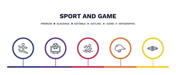 set of sport and game thin line icons. sport and game outline icons with infographic template. linear icons such as dancer motion, football channel, swimming figure, baseball helmet, champion belt