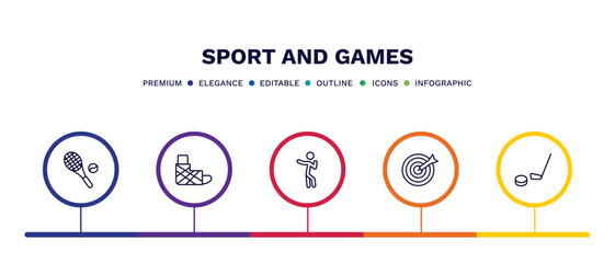 set of sport and games thin line icons. sport and games outline icons with infographic template. linear icons such as tennis game, sprained ankle, dancing motion, dartboard with dart, equipment
