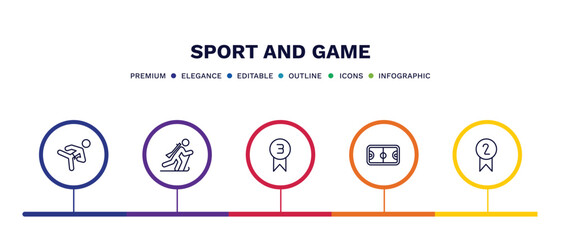 set of sport and game thin line icons. sport and game outline icons with infographic template. linear icons such as karate fighter, biathlon, third, basketball court, second prize vector.