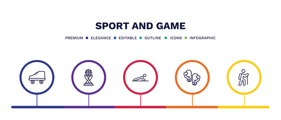 set of sport and game thin line icons. sport and game outline icons with infographic template. linear icons such as roller skate, world cup, man doing pushups, two boxing gloves, trekking vector.