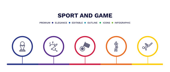 set of sport and game thin line icons. sport and game outline icons with infographic template. linear icons such as brazilian, slalom, motor sports, left bend, capoeira vector.