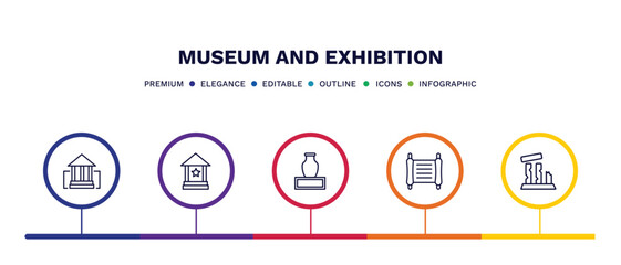 set of museum and exhibition thin line icons. museum and exhibition outline icons with infographic template. linear icons such as buffalo, cinema, ceramic, paper scroll, relics vector.