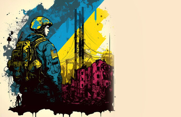 Soldier. Ukrainian military, defender on the background of the city. Banner. Generative AI