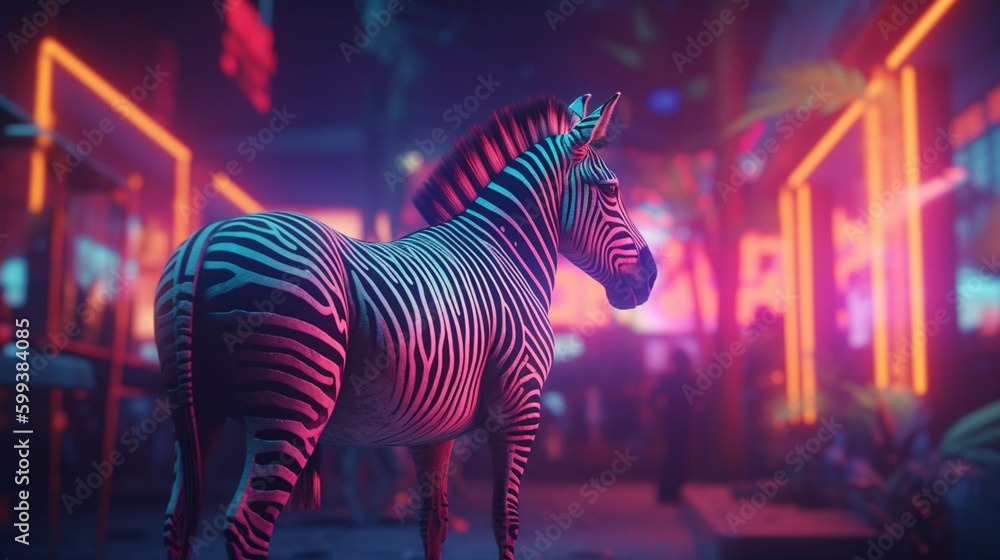 Wall mural zebra in a neon retro cartoon generative ai