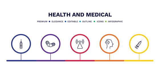 set of health and medical thin line icons. health and medical outline icons with infographic template. linear icons such as punching bag, pills, non ionizing radiation, neurology, injection vector.