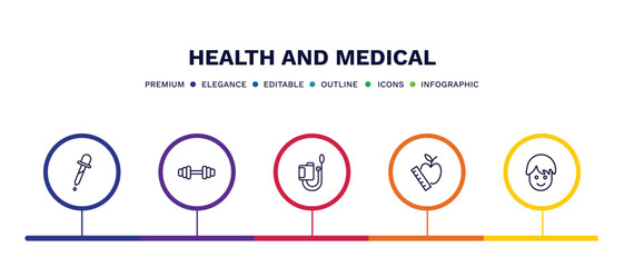 set of health and medical thin line icons. health and medical outline icons with infographic template. linear icons such as pipette, gym, sphygmomanometer, nutrition, boy vector.