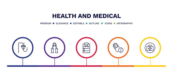 Fototapeta premium set of health and medical thin line icons. health and medical outline icons with infographic template. linear icons such as saline, handgrip, medical result, contraceptive pills, vector.