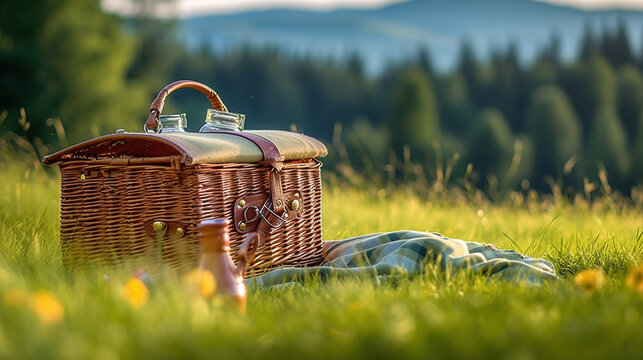 Picnic basket on a table against the background of nature. Rest and summer mood. Generative Ai