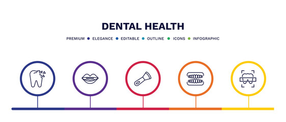 set of dental health thin line icons. dental health outline icons with infographic template. linear icons such as holed tooth, oral, scraping, dentures, dental x ray vector.