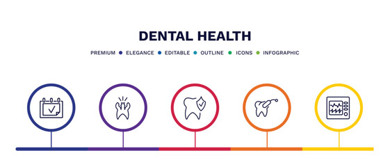 set of dental health thin line icons. dental health outline icons with infographic template. linear icons such as examination, cavity, prophylaxis, tampon, ekg monitor vector.