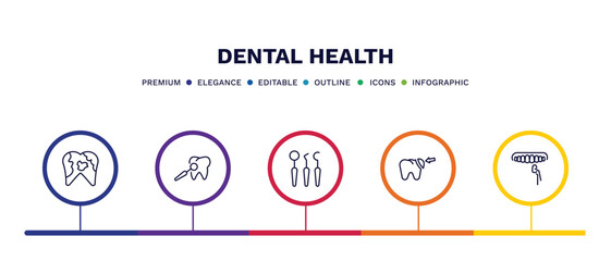 Fototapeta premium set of dental health thin line icons. dental health outline icons with infographic template. linear icons such as dental plaque, care, dentist tools, filler, veneer vector.