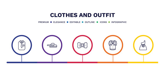 set of clothes and outfit thin line icons. clothes and outfit outline icons with infographic template. linear icons such as collarless cotton shirt, sleepers, bow tie, denim shirt, one shoulder