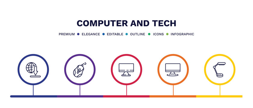 set of computer and tech thin line icons. computer and tech outline icons with infographic template. linear icons such as download from the net, computer mouse device, televisions, computers, study
