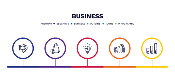 set of business thin line icons. business outline icons with infographic template. linear icons such as graduation ceremony, shopping bags, strategic, graphic progression, ranking factor vector.