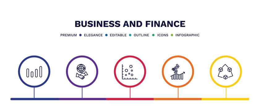set of business and finance thin line icons. business and finance outline icons with infographic template. linear icons such as bars graphic, partners in business, scatter chart, success man,