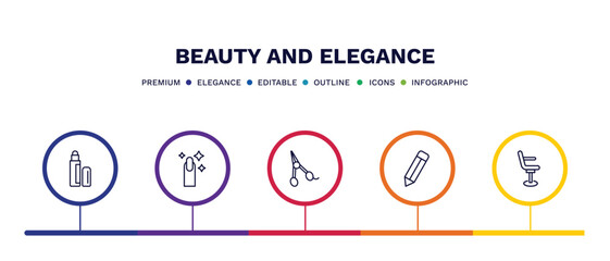set of beauty and elegance thin line icons. beauty and elegance outline icons with infographic template. linear icons such as concealer, finger with nail, hair scissors, pencils, beauty salon chair