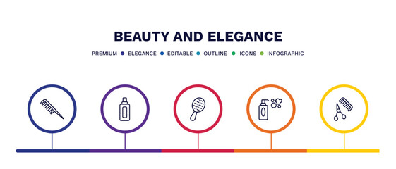 set of beauty and elegance thin line icons. beauty and elegance outline icons with infographic template. linear icons such as inclined comb, inclined bottle, inclined hairbrush, shampoo bottle,
