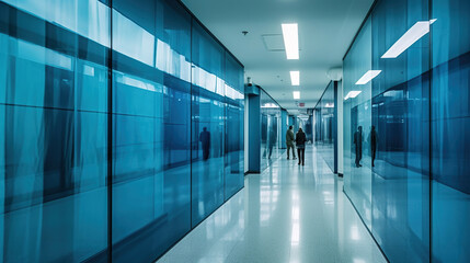 people walk down a hallway in an office building with blue glass wall panels. Generative Ai