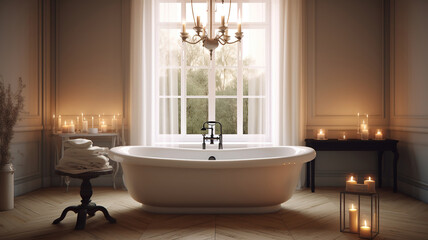 a white bathtub in a living room with candle. Generative Ai