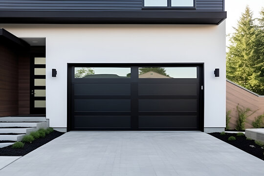 Modern Black Garage Door with Windows: AI Generated Image