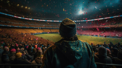 Fototapeta na wymiar people and fans with confetti adorning the stadium. Generative Ai
