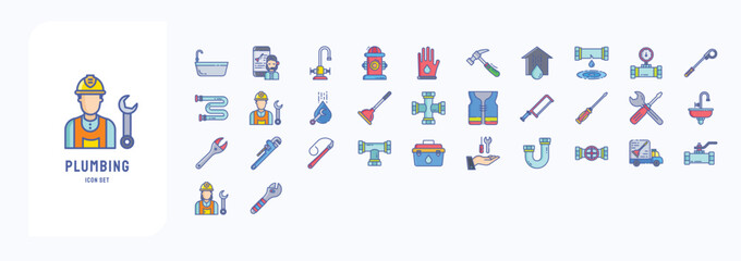 A collection sheet of linear color icons for Plumbing, including icons like Customer, Fire Hydrant, water, Meter and more