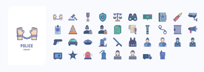 A collection sheet of linear color icons for Police and Law, including icons like Arrest, Auction, Bullet, Binoculars and more