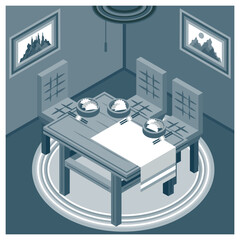 Interior of a cozy dining room, restaurant with a wooden table and three chairs. On the table - a white napkin, plates with Chinese dumplings and chopsticks. Blue palette