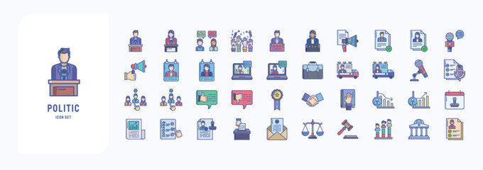 A collection sheet of linear color icons for Politic, including icons like Speaking, campaign, voting, and more