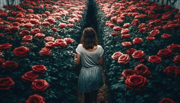 M&auml;dchen geht durch einen Gartenweg in einem Rosengarten, generative AI