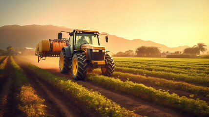 Fototapeta premium farmer spraying field of vegetables with tractor. Generative Ai
