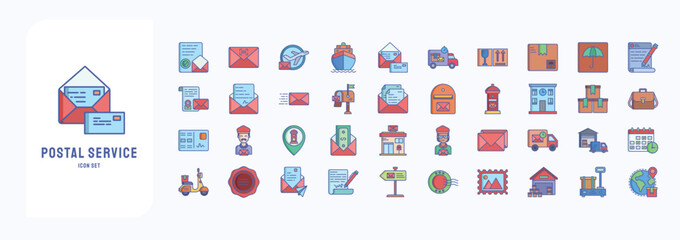 A collection sheet of linear color icons for Postal Service, including icons like Assurance, Barcode, Cargo boat, Envelop and more