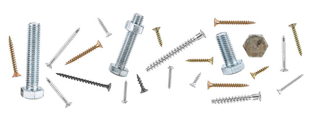 Set of different screws and bolts isolated on a white background, top view.