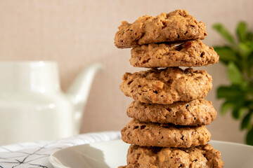Caprichos de Santiago. Almond, sugar and egg cookies column. Concept of gastronomy